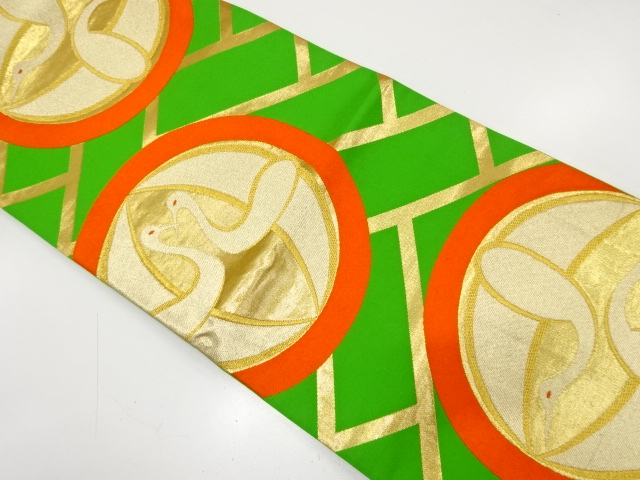 アンティーク　桧垣に向かい鶴模様織り出し袋帯（着用可）